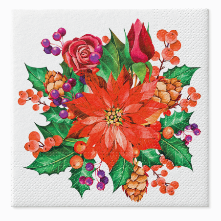 SERWETKI papierowe POINSETTIA WITH CONES z BIBUŁY 3 warstwowe 33x33cm pakiet 20szt na Boże Narodzenie Święta