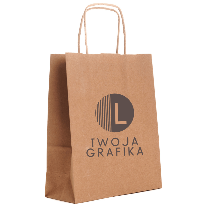 TORBY papierowe z NADRUKIEM 1+0 logo 18x8x22 brąz