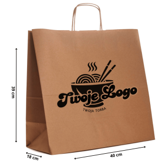 TORBY papierowe z NADRUKIEM 1+0 logo 40x18x39 brąz