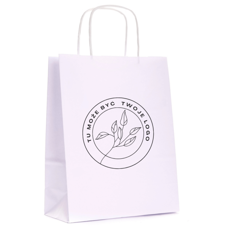 TORBY papierowe z NADRUKIEM 1+0 logo 18x8x22 biała