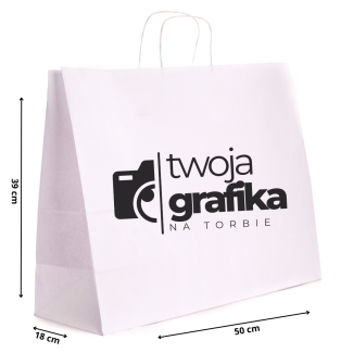 TORBY papierowe z NADRUKIEM 1+0 logo 50x18x39 białe
