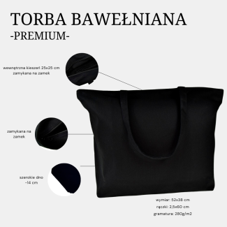 Torba bawełniana czarna 280g z nadrukiem GELATO zamykana na zamek z wewnętrzną kieszonką
