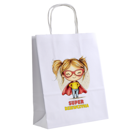Torebki papierowe z nadrukiem SUPER DZIEWCZYNKA na dzień kobiet dla dziewczynek