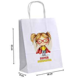 Torebki papierowe z nadrukiem SUPER DZIEWCZYNKA na dzień kobiet dla dziewczynek