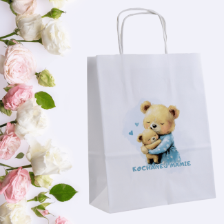 Torba papierowa z nadrukiem KOCHANEJ MAMIE miś niebieski na dzień mamy