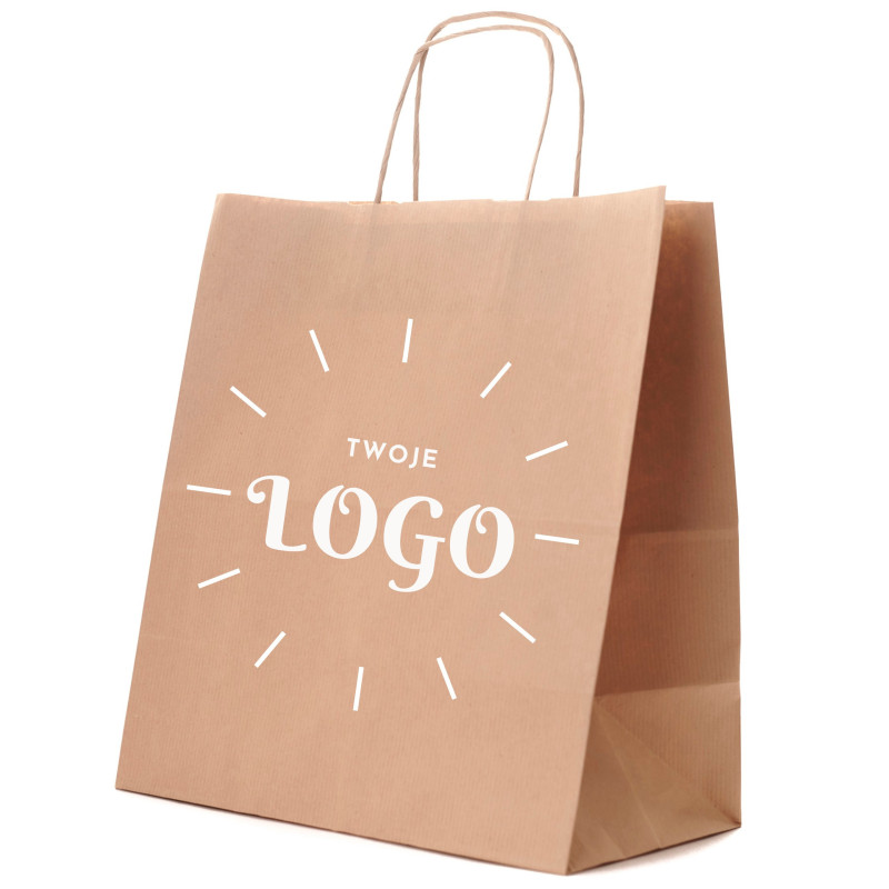 TORBY papierowe z NADRUKIEM 1+0 logo 30x17x34 brąz /200sztuk