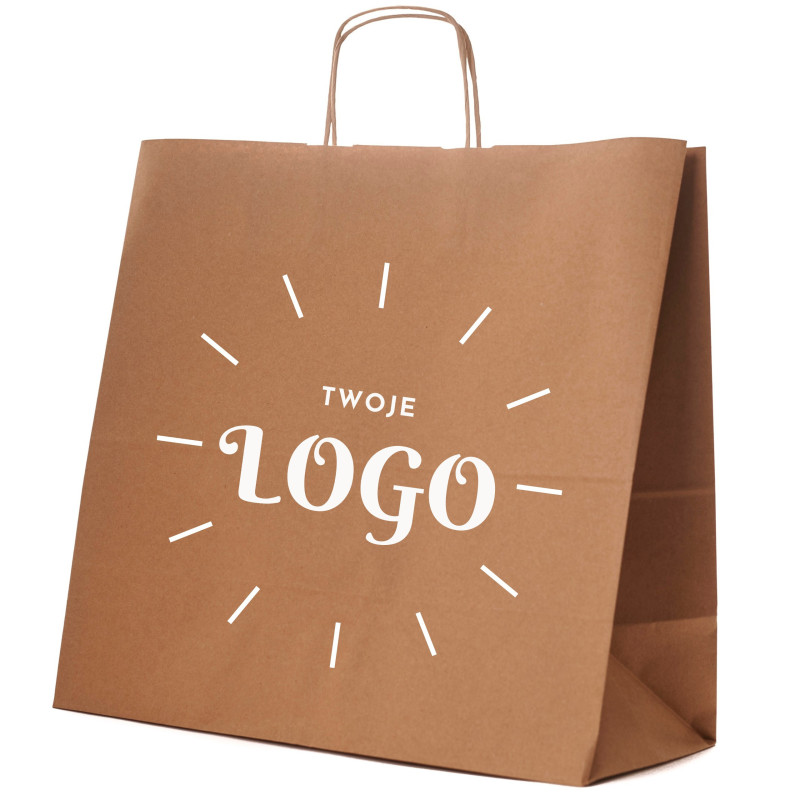 TORBY papierowe z NADRUKIEM 1+0 logo 40x18x39 brąz /500sztuk