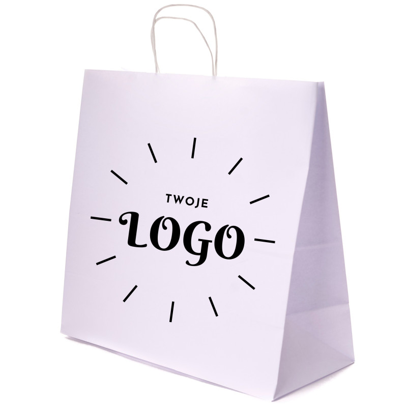 TORBY papierowe z NADRUKIEM 1+0 logo 40x18x39 białe /500sztuk