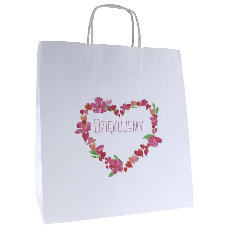 Torba papierowa 30x17x34 z nadrukiem DZIĘKUJEMY serce 1/A3 na ciasto weselne