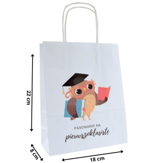 Torba papierowa z nadrukiem PASOWANIE na pierwszoklasistę sowa książka